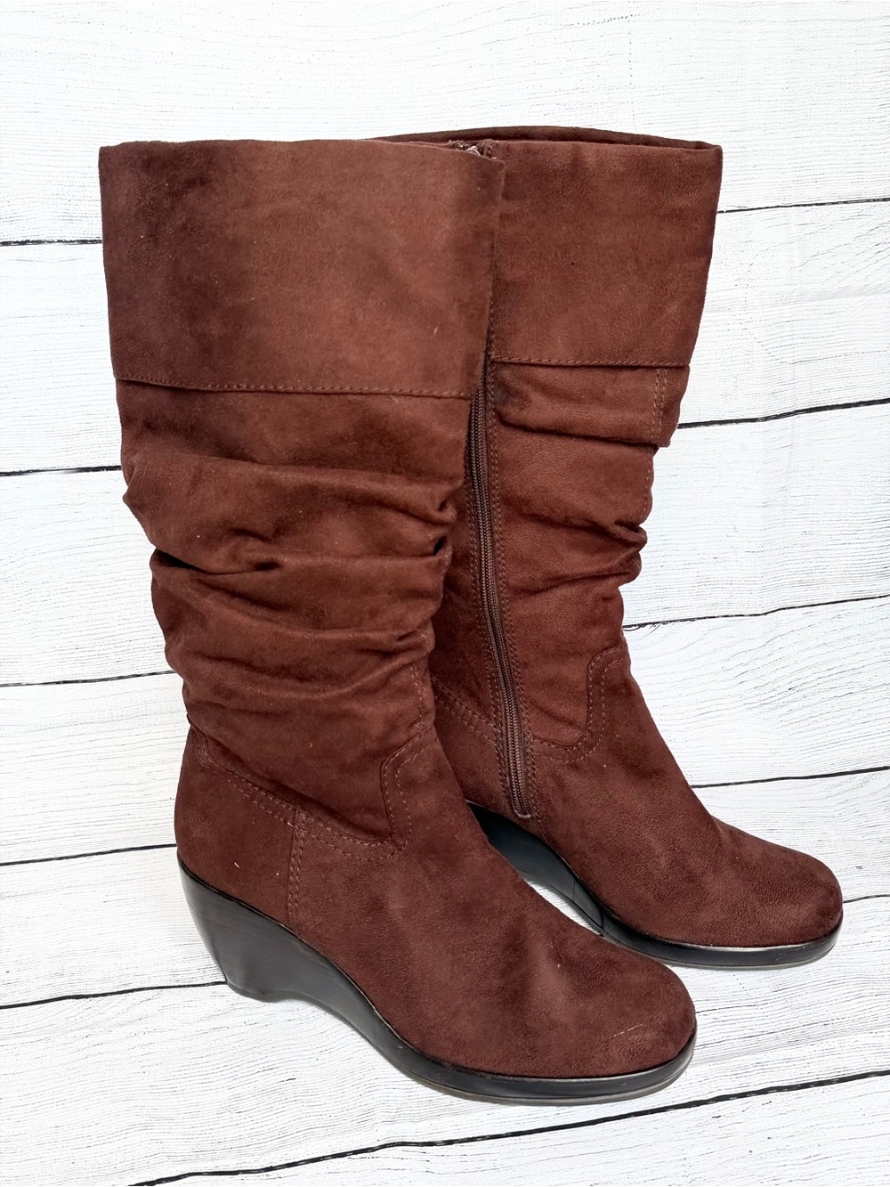 Impulse Women's Faux Suede Slouchy High Wedge Mid-Calf Boots 9.5